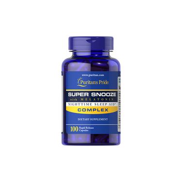 Puritan's Pride Super Snooze with Melatonin, in a blue bottle, combines melatonin and natural herbs in 100 rapid release capsules to enhance sleep quality.
